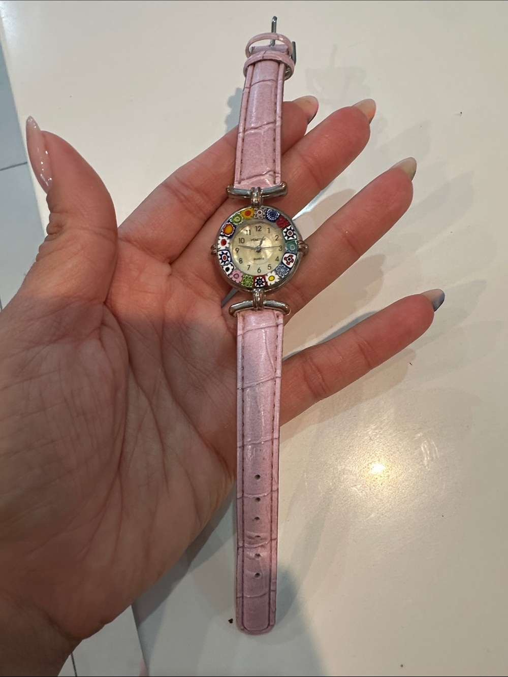 Murano glass Pink Floral Accent Leather Strap Women’s Watch